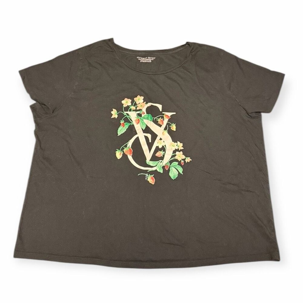 VICTORIA’S SECRET Women’s Black Floral VS Logo Short Sleeve T-Shirt Size XXL / 2